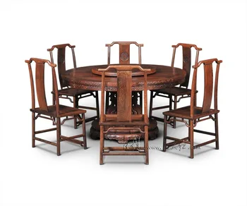 

Single-leg Round Tables Furniture sets with Turntable Rosewood 8 chairs Diving Room 1.5M Coffee Desk Antique Solid Wood Armchair