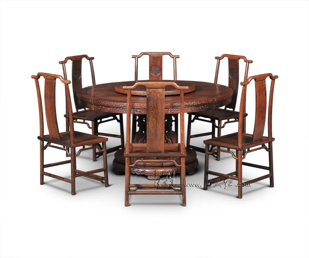 Single-leg Round Tables Furniture sets with Turntable Rosewood 8 chairs Diving Room 1.5M Coffee Desk Antique Solid Wood Armchair