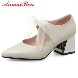 AnmaiRon/туфли-лодочки из натуральной кожи с острым носком на шнуровке, Zapatos De Mujer, женская обувь, классические модные туфли-лодочки, Размеры 33-40