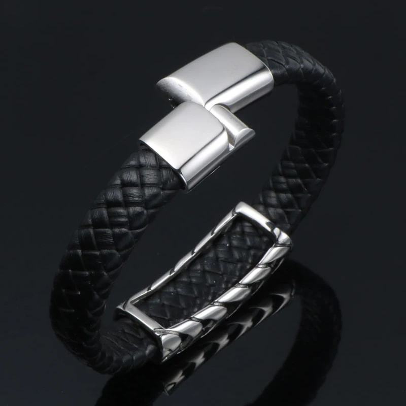 Personalized Braided Black Leather Bracelet Men 316L Stainless Steel Male Jewelry Fashion Mens His Wrap Bangles Genuine Leather