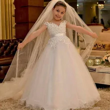Белые Платья с цветочным узором для девочек на свадьбу, вечерние наряд для церемоний платье из тюля с коротким рукавом, кружевные платья для первого причастия для маленьких девочек