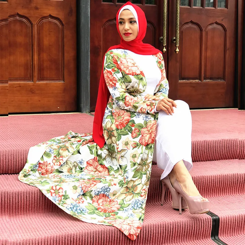Спереди открытая абайя многоцветный Свободный цветочный принт мусульманское кимоно платье кардиган роскошный ислам Марокканская одежда размера плюс D623