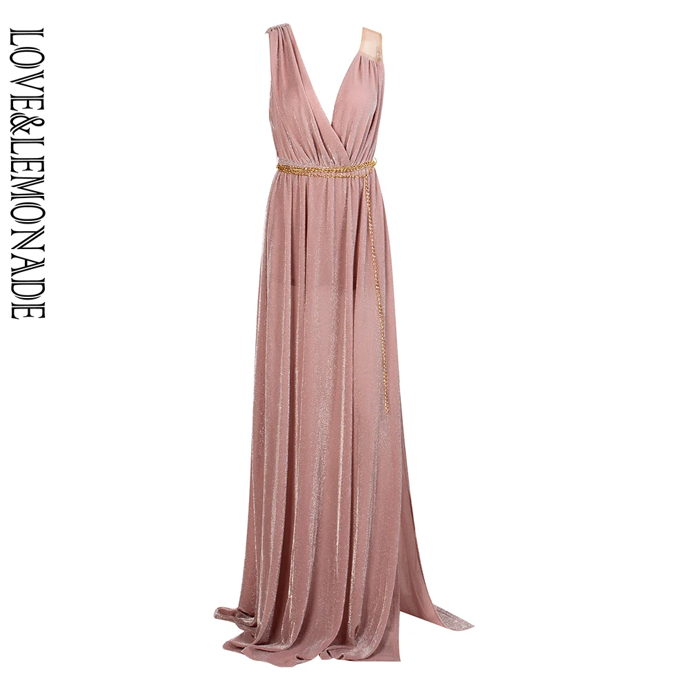 

LOVE&LEMONADE Sexy Pink Deep V-Neck Metal Chain Decoration Side Slit Maxi Dress LM81720