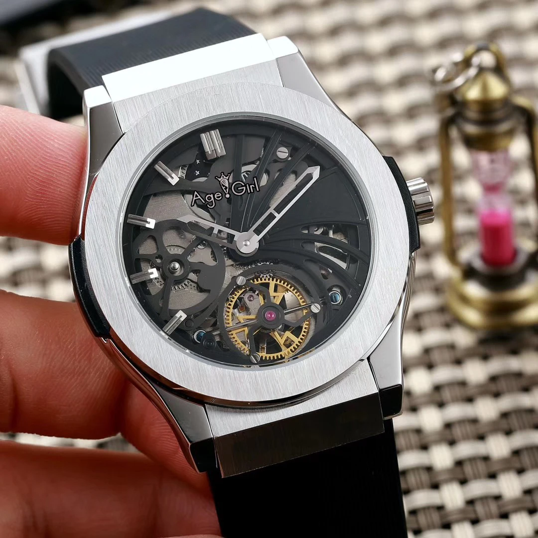 

Luxury Brand New Men Silver Rose Gold Black Automatic Mechanical Sapphire Skeleton Watch Transparent 2 hands Leather Sport AAA+