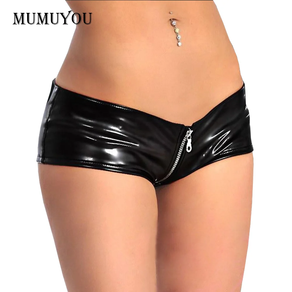 

Women Latex Black Shorts Skinny Hot Short Pants Zipper Low Waist Sexy Club Nightwear Summer Lady Fashion 906-604