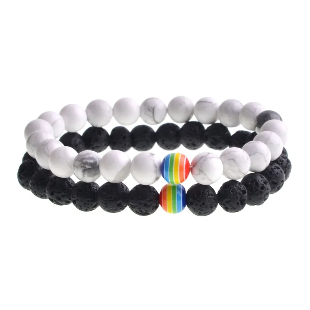 2pcs Couples Balance Jewelry Classic Black & White 8MM Natural Stone Beads Strand Distance Bracelets Lava Man Woman Gift
