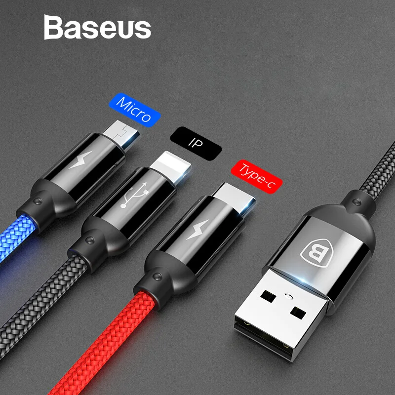 

Baseus 3 in 1 USB Cable for Mobile Phone Micro USB Type C Charger Cable for iPhone Samsung Charging Cable Micro USB Charger Cord