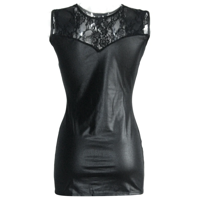 Sexy Folded Wetlook Micro Mini Club Evening Party Dress 2018 Women Lace Leather Patchwork Bodycon Sleeveless Dresses Robe Femme (4)