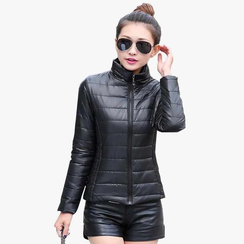 Весенняя Новая модная брендовая однотонная женская куртка с длинным рукавом Теплая стеганая Женская Повседневная приталенная зимняя куртка с воротником-стойкой 269T - Цвет: Черный
