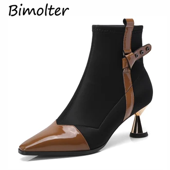 

Bimolter Woman Genuine Leather Short Ankle Boots Pointed Toe Strange heel Ladies Work Boots Patchwork Rivet Winter Shoes LAEB056