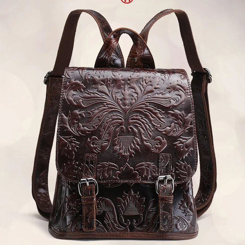 

High Quality Genuine Leather Women Embossed Backpack Soft Daypack Knapsack School Book Bags Leisure Oil Wax Cowhide Rucksack