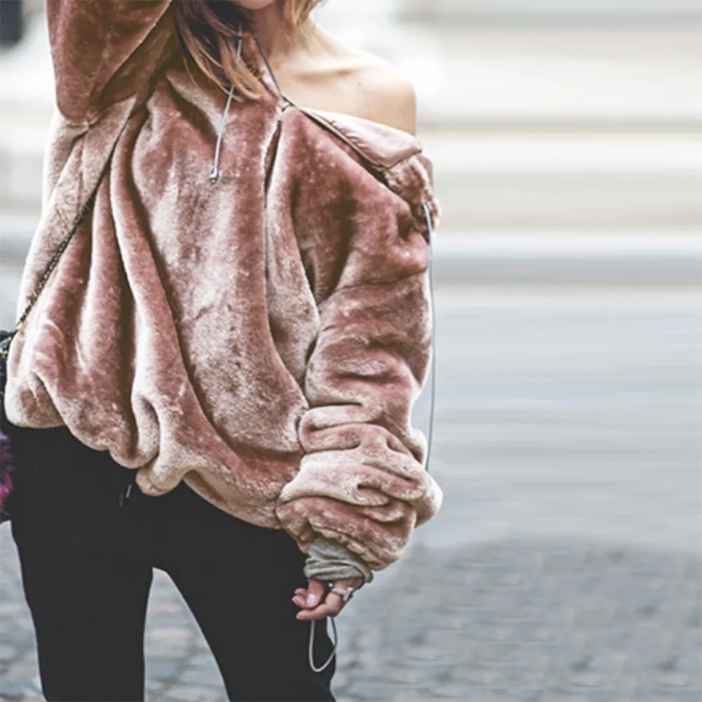 2018 NEW Liva girl Womens Streetwear Fluffy Sweater Warm Outwear Long Sleeve Hooded Sweatshirt Oversize Polyester Hooded Coat #0