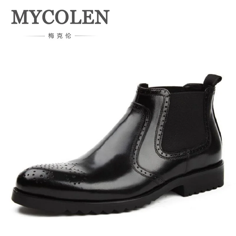 

Mycolen 2018 New Vintage Style Chelsea Boots Top Quality Leather Men Shoes Luxury Brand Bullock Carving Men Boot Bota Masculina