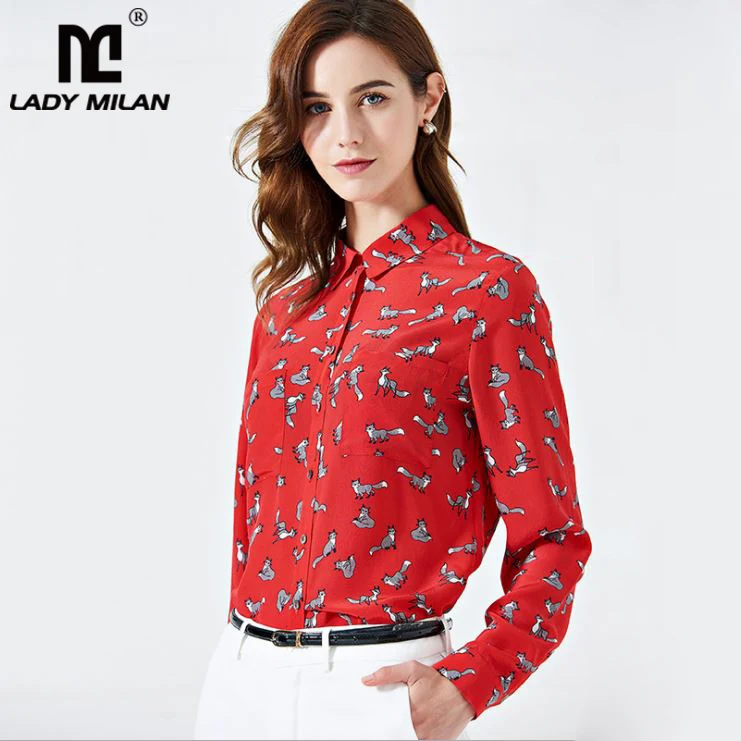 

2019 100% Pure Silk Women's Runway Shirts Turn Down Collar Cartoons Printed High Street Fashion Shirts
