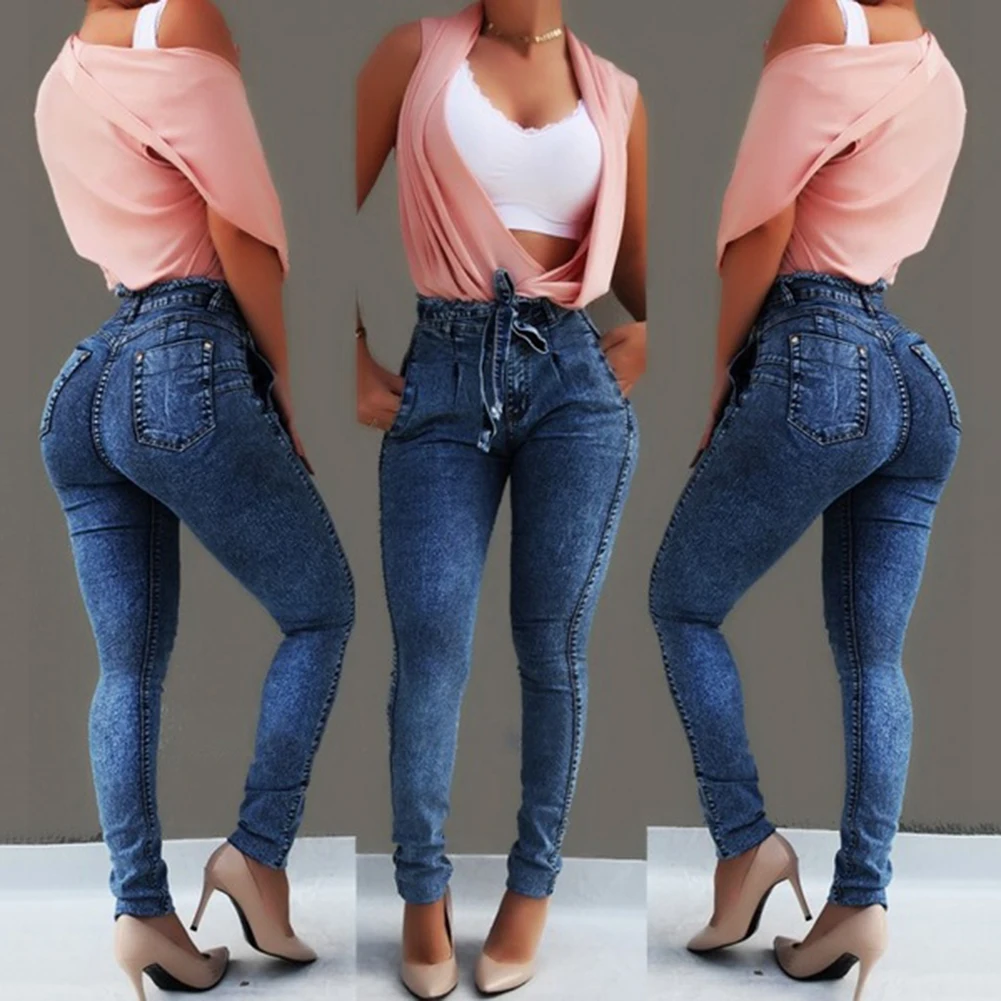 Большие размеры, модные облегающие джинсы с поясом и высокой талией, женские Стрейчевые джинсовые длинные брюки