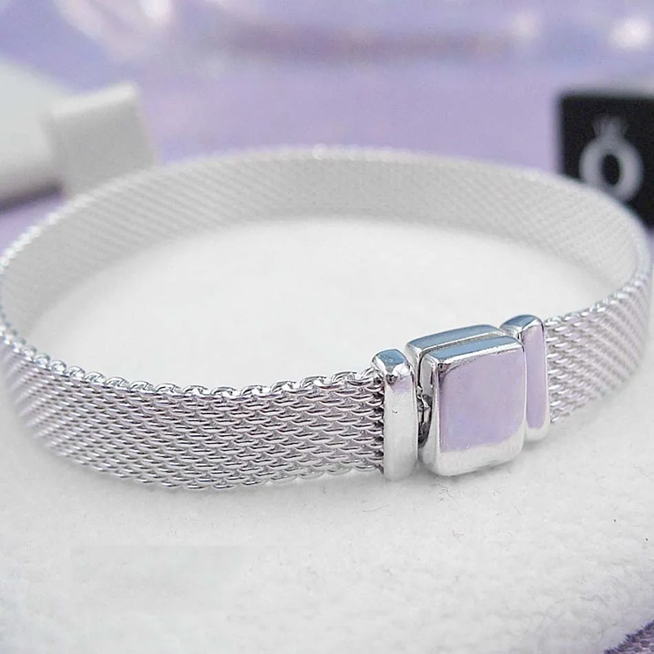 

New 925 Sterling Silver Bracelet Woven Mesh Silver Reflexions Bracelets Bangle Fit Women Bead Charm Pandora Diy Jewelry