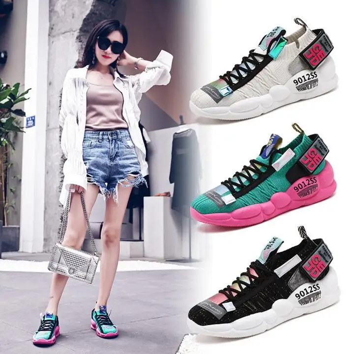 

2019 summer new hot women girl fashion multicolor lace-up sport casual shoes loafers chunky sneakers woman platform shoes
