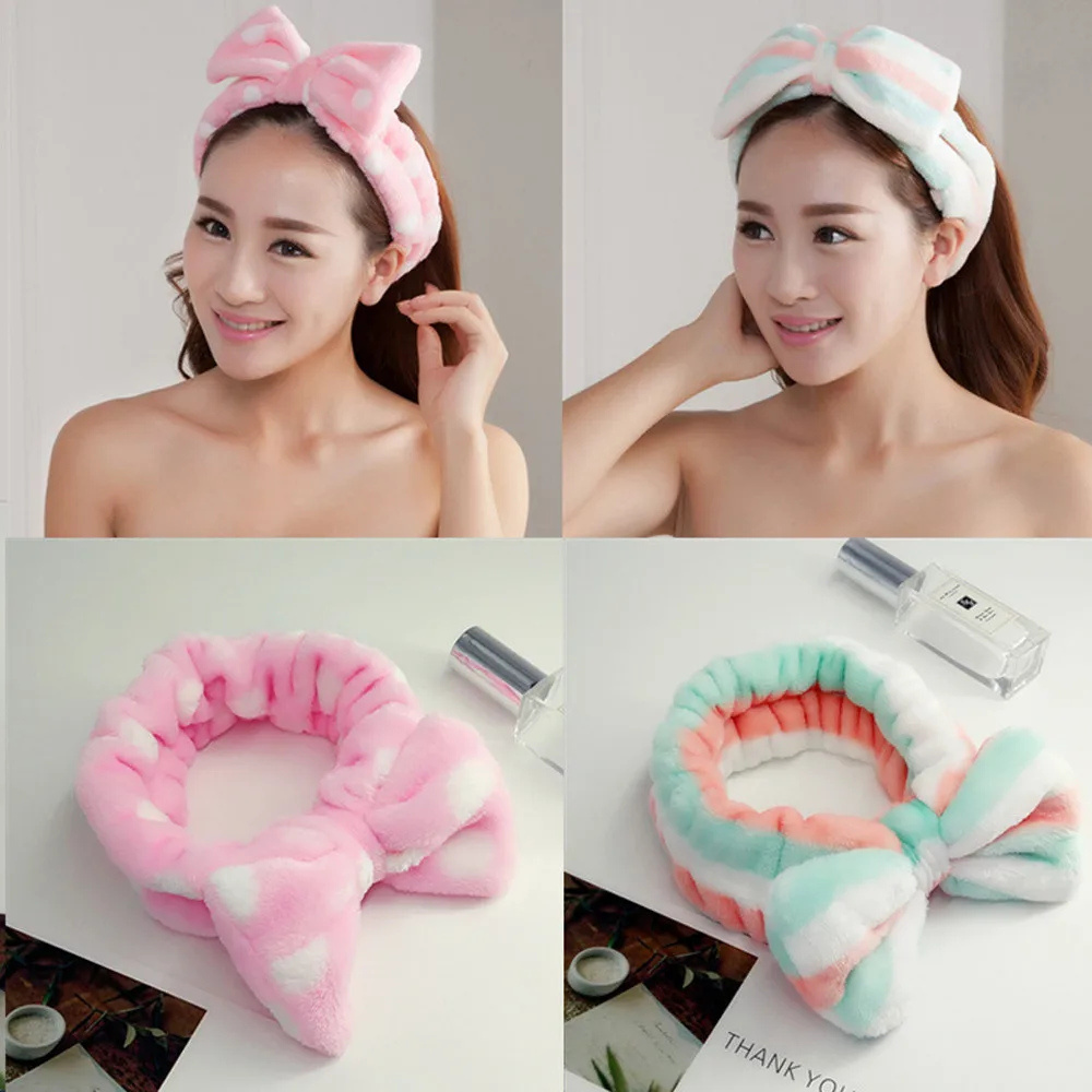 

Striped Cute Women Girl Bow Knot Soft Head Wrap Bath Spa Face Headband Coral Velvet hair accessories headband for women 1A13