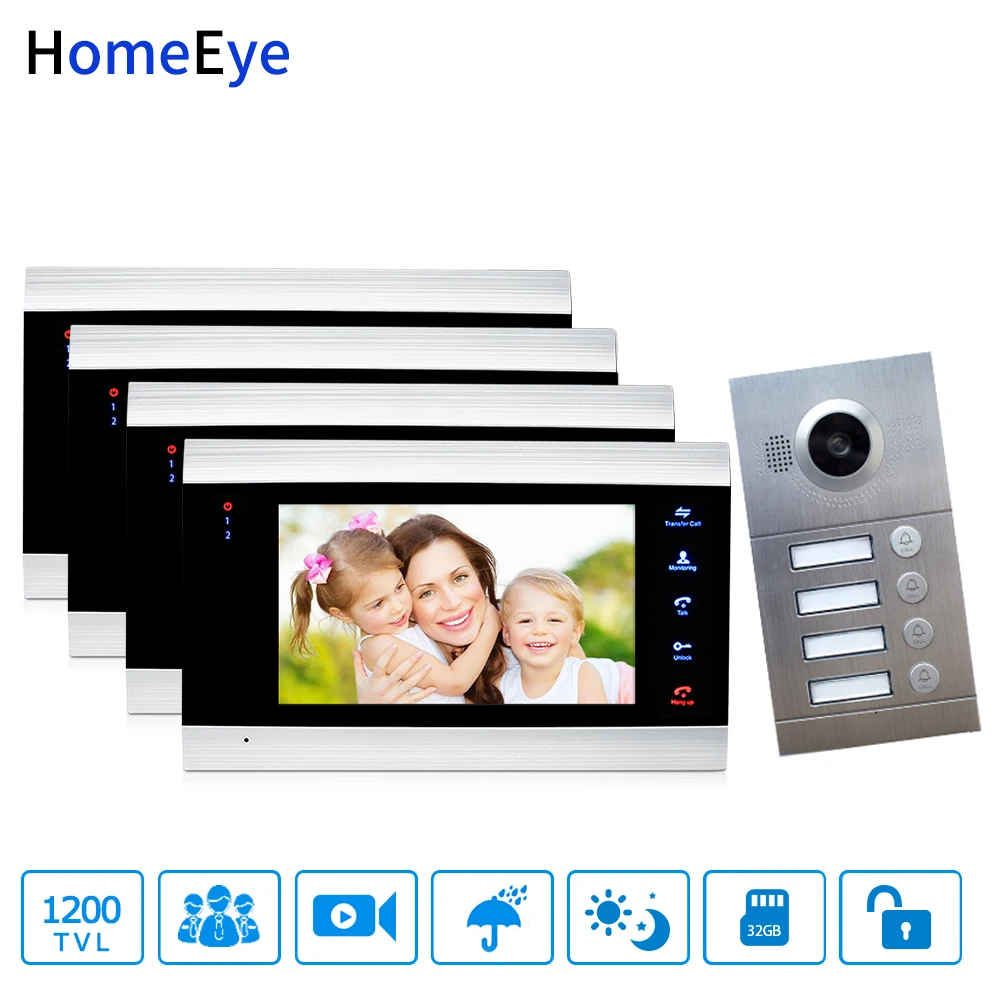 HomeEye 7 inch Video Door Phone Video Intercom Multi-Apartments Home Access Control System for 4 Separate Family Waterproof CMOS HomeEye 7 inch Video Door Phone Video Intercom Multi-Apartments Home Access Control System for 4 Separate Family Waterproof CMOS