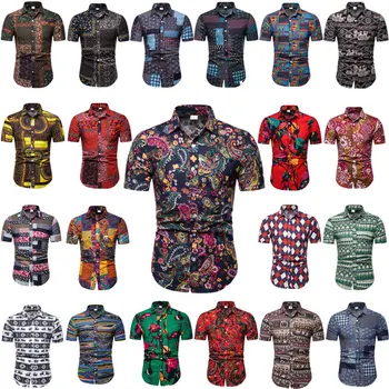 

New 2019 Summer Men's fashion brand Pattern leisure big yards short sleeve shirts / Male National wind casual Print shirts M-5XL