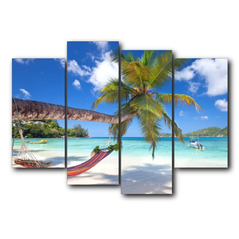 

Laeacco 4 Panel Canvas Calligraphy Painting Tropical Palm Tree Wall Art Outside Posters and Prints Nordic Home Living Room Decor