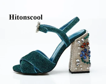 

2019 New Fashion Women Glitter Sandals Crystal Buckle Strap Shoes Jeweled Block High Heels Gladiator Crossover Sandal