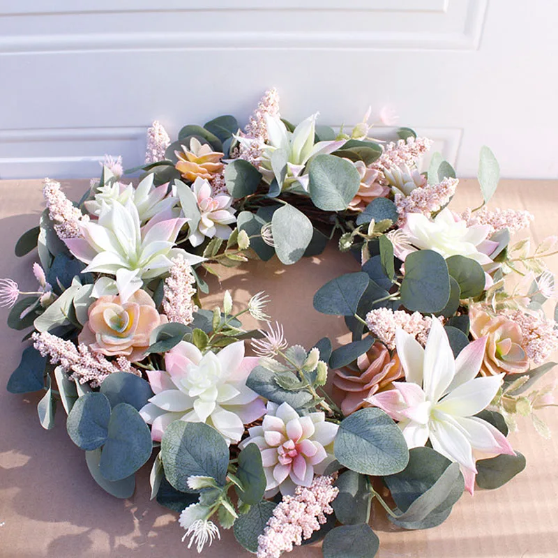 Artificial Succulent Flower Wreath Garden Hanging Wreath for Home Wall Front Door Wedding Decor