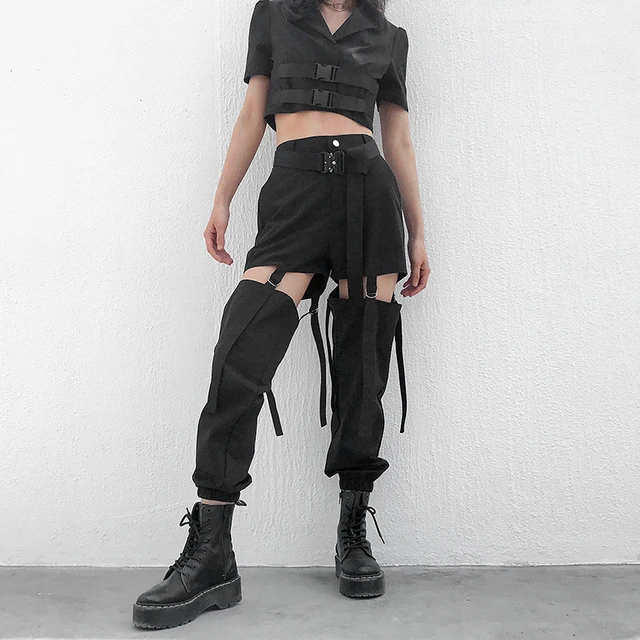 Black High Waist Cargo Pants with Buckle Hollow-up 2
