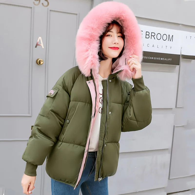 Новое поступление, зимняя женская куртка с меховым капюшоном, корейский стиль, женская верхняя одежда, куртки, пальто с хлопковой подкладкой - Цвет: Армейский зеленый