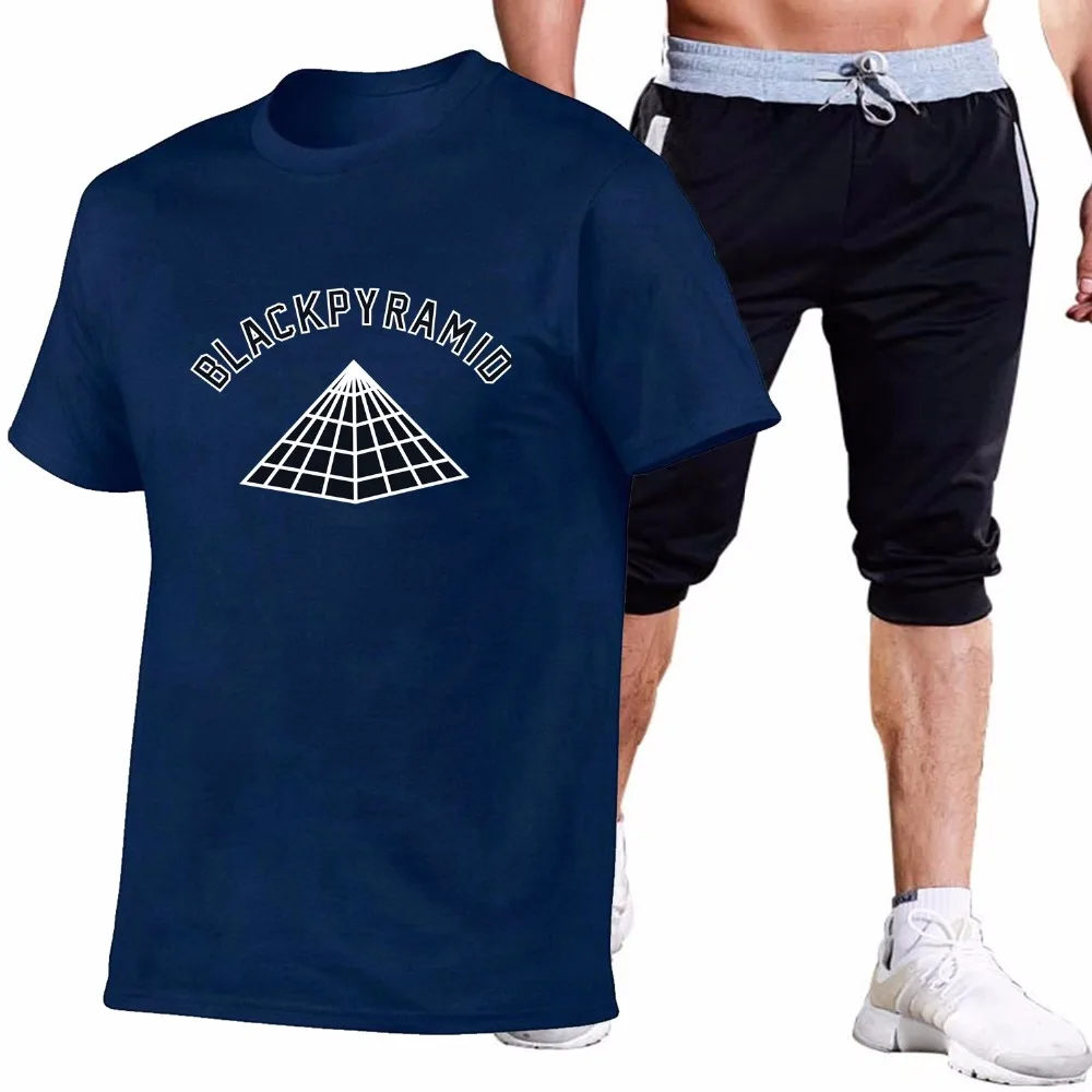 

2019 Fashion Casual T-shirt tracksuit Men Sets Black Pyramid Print T shirts+shorts Sets Brand Men's Tee Shirts Man Clothes Sets