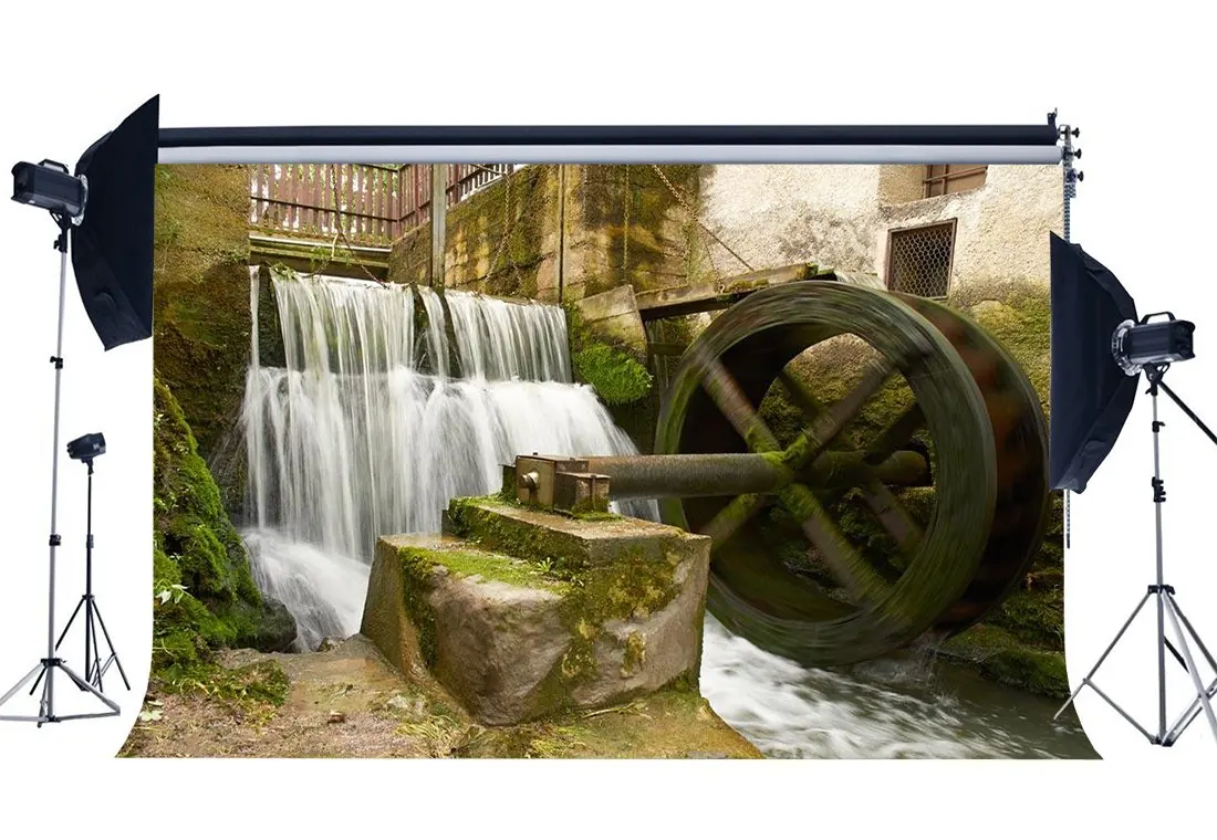 

Shabby Countyard Backdrop Old Water Wheel Waterfall Cascade Green Moss Grunge Concerte Wallpaper Background