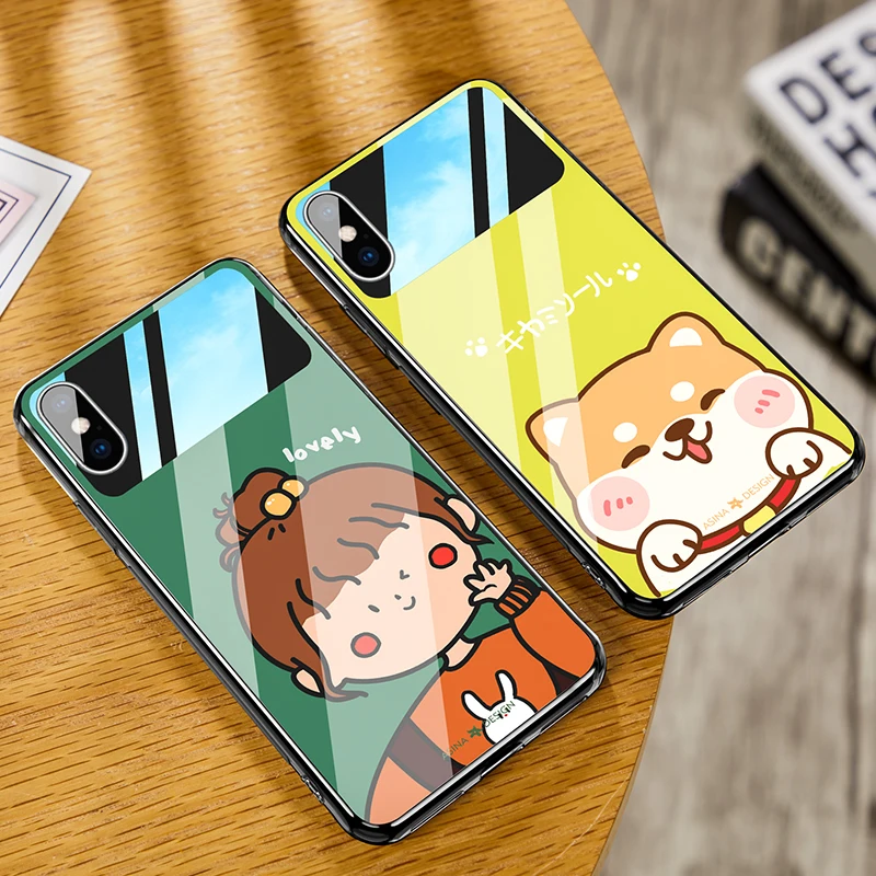 

Luxury Glass Mirror Case Cover For iPhone 7 7plus 8 8plus X XR XS MAX Cute Cartoon Mirror Hard Tempered Glass Phone Coque Capas