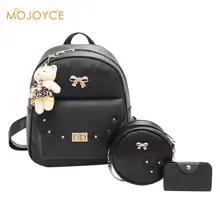MOJOYCE Fashion Backpack Women PU Leather Back Pack Women Backpack Set School Bags for Girls sac a dos femme with Purse and Bear