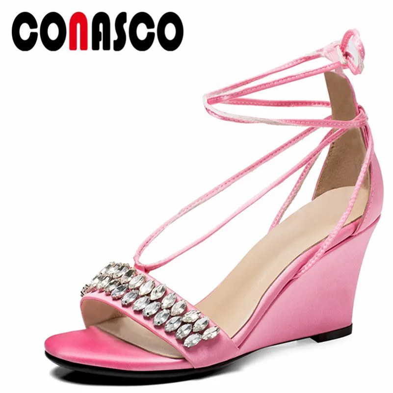 

CONASCO New Women Party Wedding Ankle Strap Rhinestone Sandals Silk Summer Elegant Wedges Heels Shoes Woman Vintage Shoes