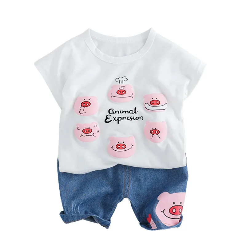 

Cute Baby Set Piggy Cartoon T-shirt & Jean Shorts 2pcs Newborn Suit White Black Baby Girl Clothes Cotton Unisex Infant Clothing