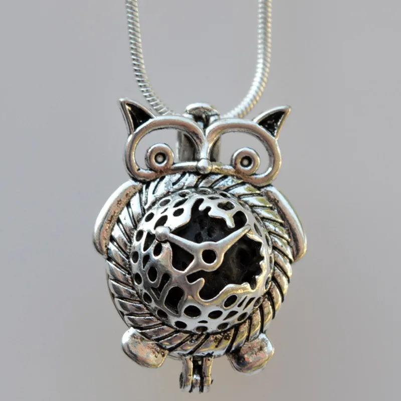 Retro Owl Shape Lava Diffuser Locket with Chain Felt Ball Essential Oil