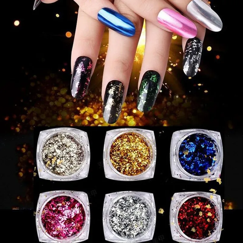 

1 Set Nail Art Glitter Aluminum Flakes 6 Colors 0.2g Mirror Effect Nail Powder Irregular Flakes Nail Gel Polish Chrome Pigment 6