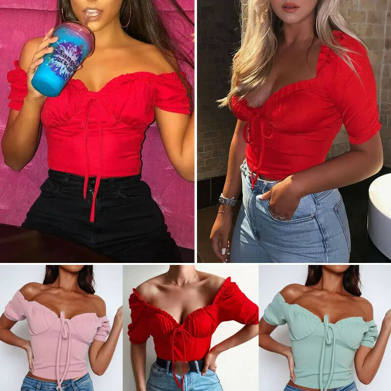 

Vintage Women Summer off shoulder Square neck Puff Sleeve Front Bow Knot Tops Short Sleeve Solid Sexy T-Shirt