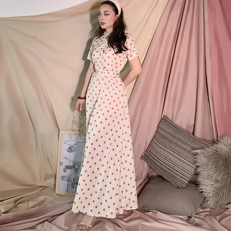 

French Vintage Dress Dresses Woman Party Night Elegant Dress Short Sashes Ankle-Length Turn-down Collar Clothes Summer Dress