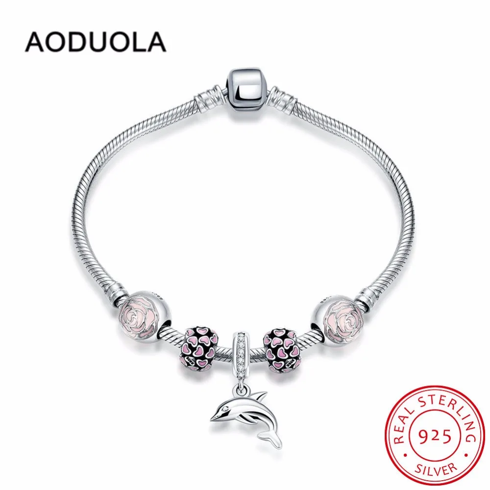 

19 cm Sterling Silver 925 DIY Bracelet with Dolphin Charm and Rose Pink Enamel Heart Openwork Beads & Pink Enamel Flower Bead