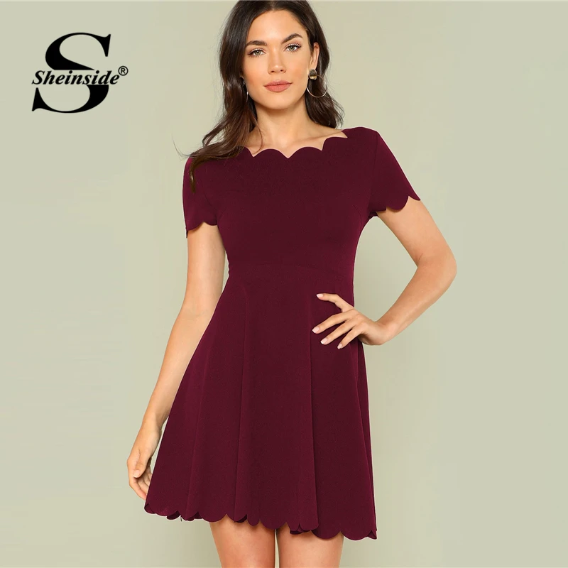 Skup Sheinside Maroon muszelki wykończenia Party Dress elegancka biurowa, damska solidna Boat Neck suknie 2019 lato wysokiej talii linia sukienka