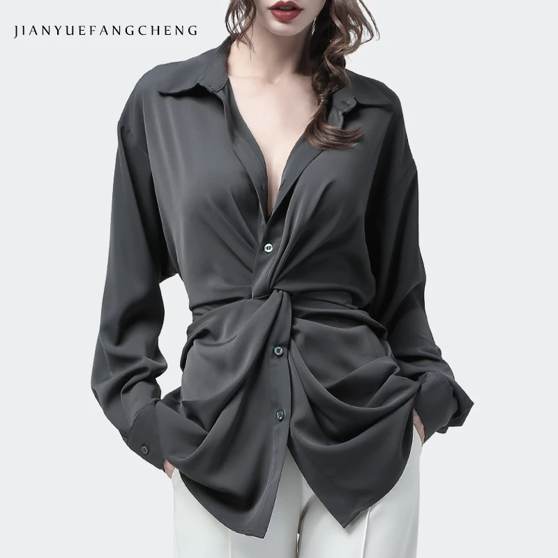 Blusas com Belt Início do Outono Blusas de Escritório Mulheres Cinza Maxi Lace Macio Solto Tecido Blusa v Pescoço Longo Manga 2020 no Elegante up