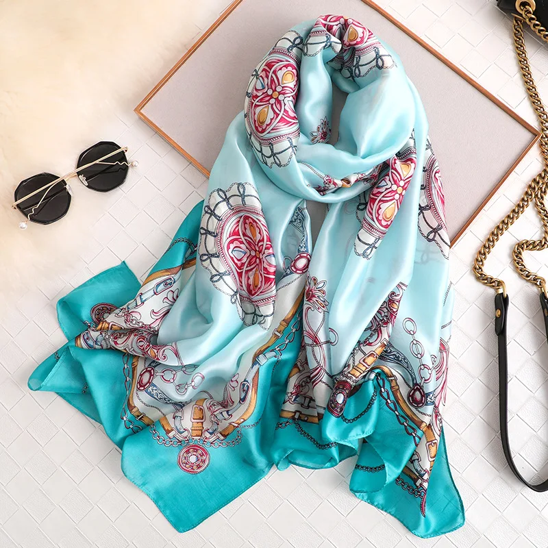 Роскошный брендовый дизайнерский шелковый шарф, женская мода, длинный платок, бандана, высокое качество, тонкие шали и палантины, женские головные платки, хиджаб - Цвет: FS423-2