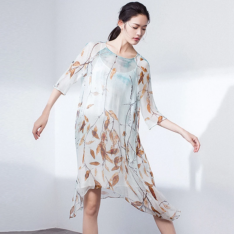 100 Silk Dress Simple Design Print Loose Irregular Hem O Neck Half