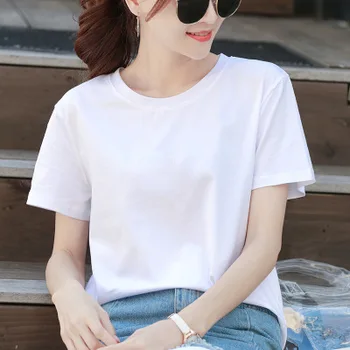 

Summer Women's 2019 New Pure Color Short Sleeve T-shirt White Cotton Korean Version Loose Large Size Customized
