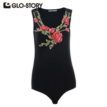 GLO-STORY 2017 Women Embroidered Bodysuit Sexy Floral Jumpsuit with Bottom Snaps Summer Skinng Tee Shirt Tops 5676