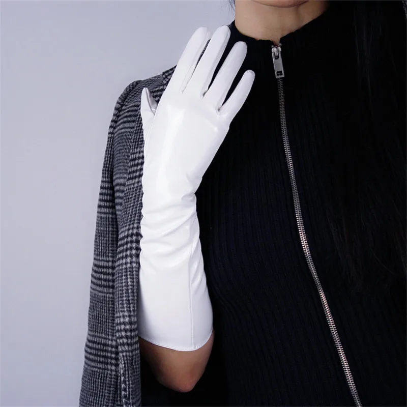 Patent Leather Gloves Female White Red Brown Synthetic Leather Woman Gloves 40cm Long Cosplay Imitation Genuine Leather P34