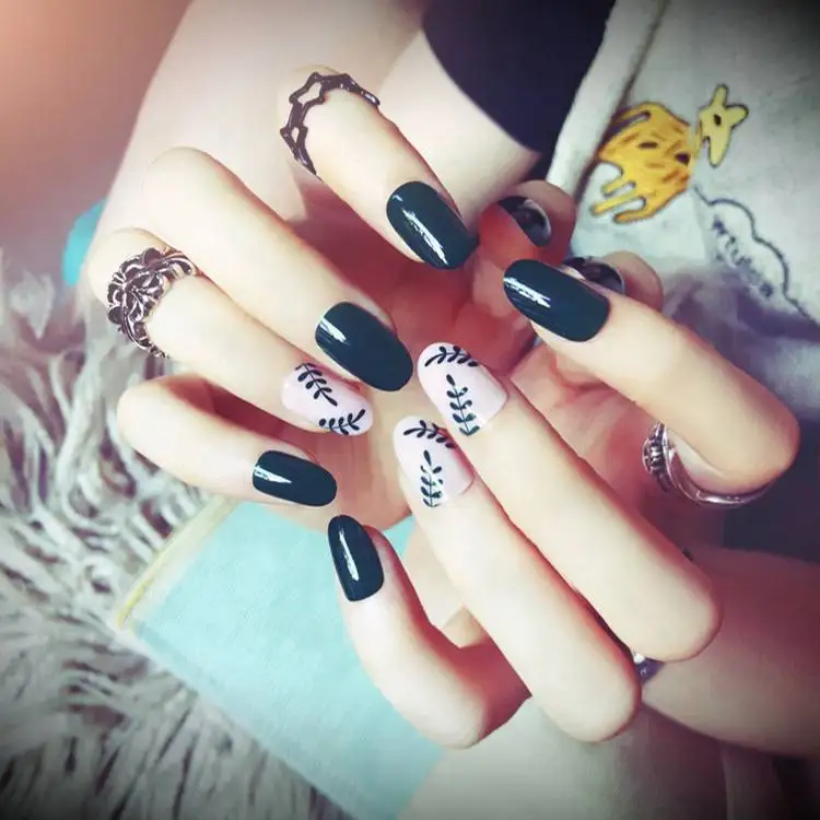 

24pcs Leaf Pattern Full Cover Fake Nail Art Adhesive Press on Nails Elegant Oval Dark Green False Nails Pre-Design