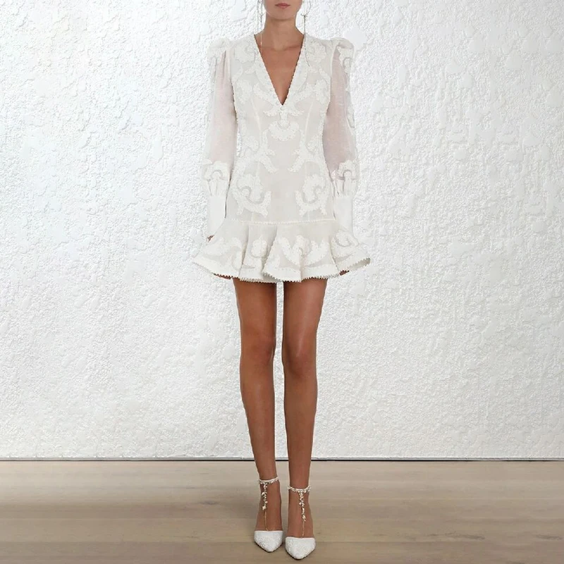 Spring Runway Designer V-Neck Long Puff Sleeve Lace Trim Embroidery White Dress Women Ruffle Hem Bodycon Mermaid Dress