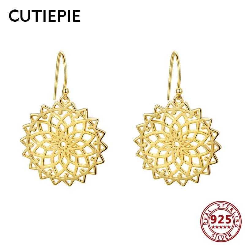 

CUTIEPIE Genuine Real 925 Sterling Silver Geometric Flower Bohemia Jewelry Gold Drop Earrings for Women Wedding Engagement Gifts